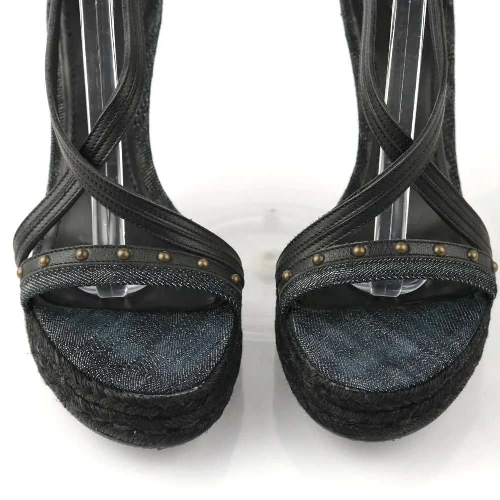 Burberry Womens Sandals Size 40 10 Black Leather Espadrille Wedge Studded Shoes